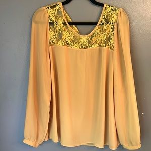 Mustard yellow sheer blouse with floral lace top